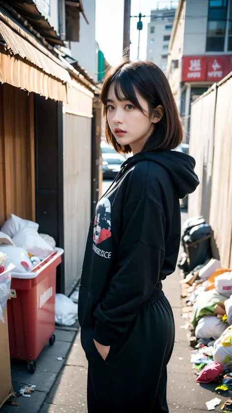 (((Uncomfortable face))),(((Perfect Fingers))),18-year-old,Korean women,Downtown trash dump,(((Facing forward))),(((Frowning,カメラをGlaring))),(Very fine eye), (((Wearing a black hoodie,Wearing baggy pants))),((photograph)),((Woman in downtown)),(((Fabric Sha...