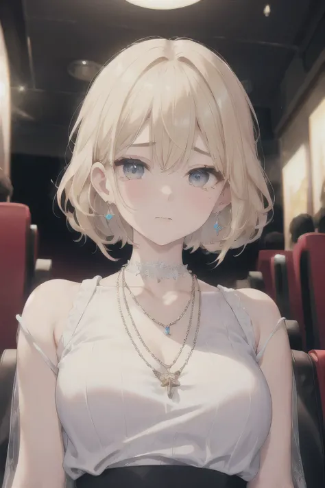 ((highest quality)), ((masterpiece)), (detailed), Perfect Face、movie theatre、I was so moved that I burst into tears.、blonde、Earrings、necklace、Fashionable clothes、