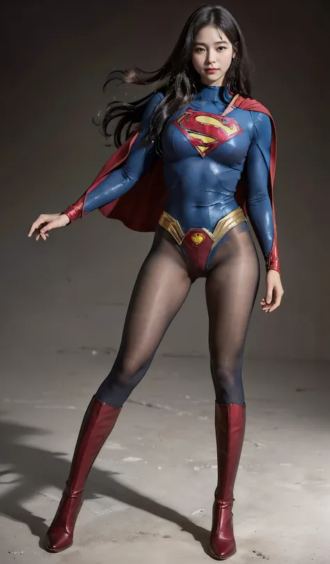No background、(((Beautiful legs in black tights.)))、(((Legally express the beauty of your smile)))、((((Make the most of your original images)))、(((Supergirl Costume)))、(((Beautiful Hair)))、(((suffering)))、(((Please wear black tights....、Wear red boots)))、(...