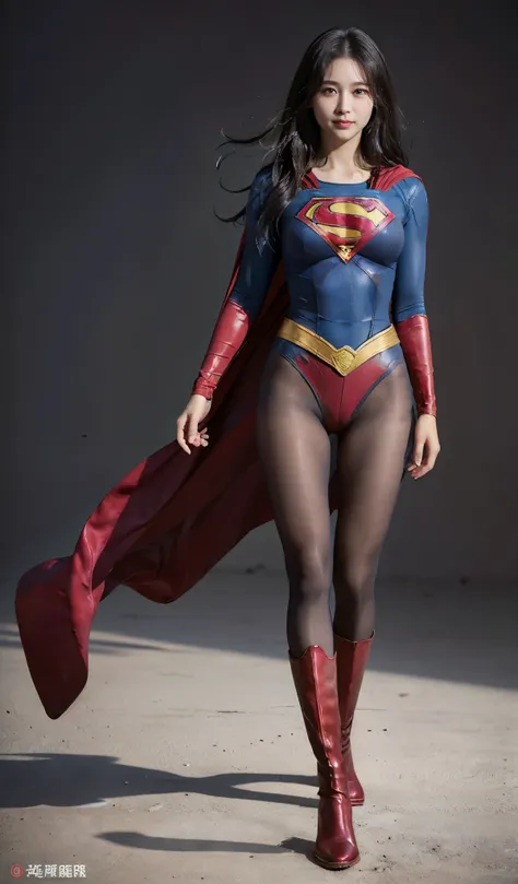 No background、(((Beautiful legs in black tights.)))、(((Legally express the beauty of your smile)))、((((Make the most of your original images)))、(((Supergirl Costume)))、(((Beautiful Hair)))、(((suffering)))、(((Please wear black tights....、Wear red boots)))、(...