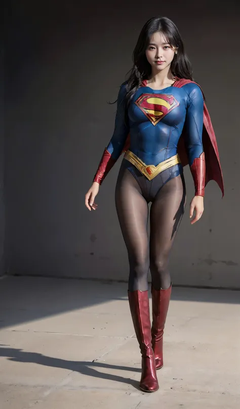 No background、(((Beautiful legs in black tights.)))、(((Legally express the beauty of your smile)))、((((Make the most of your original images)))、(((Supergirl Costume)))、(((Beautiful Hair)))、(((suffering)))、(((Please wear black tights....、Wear red boots)))、(...