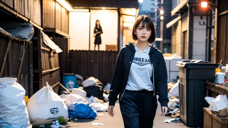 (((street dancer,looking at this))),(((perfect fingers))),18-year-old,korean women,downtown trash dump,(((facing forward))),(((f...