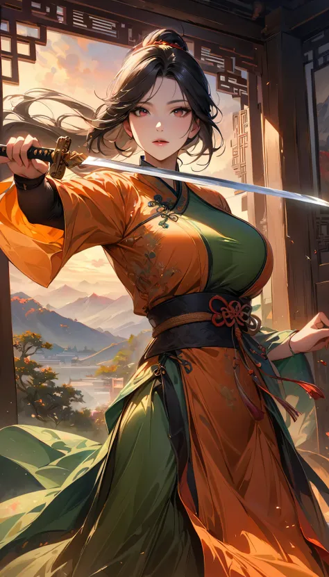 (best quality,4k,8k,highres,masterpiece:1.2),ultra-detailed,realistic,physically-based rendering,professional,vivid colors,bokeh,portrait,landscape,studio lighting,HDR,UHD,sharp focus  
A Chinese female swordswoman(China:1.1,Chinese:1.1,female:1.1) is prac...