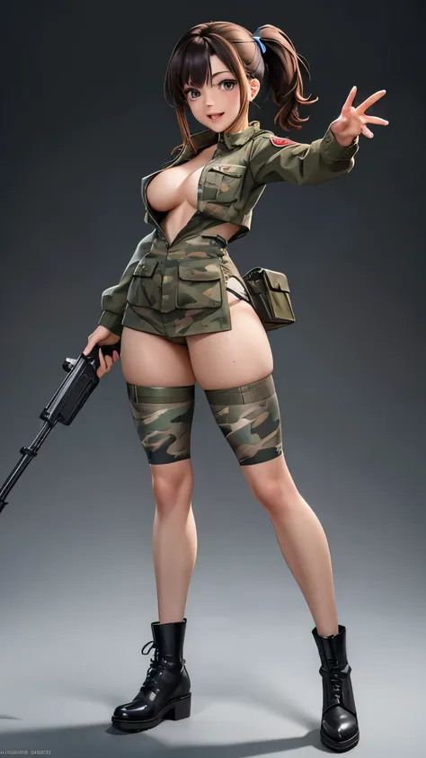 female model, dirty brown hair in a pony tail, sweaty, slutty, medium perfect , wearing skimpy camo outfit, happy and excited, great composition. sexy pose full of action, very slutty green military outfit, masterpiece, vibrant, professional photo, full bo...