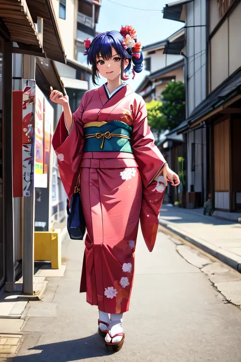 for anime,A beautiful woman wearing a Japanese kimono stands on the street