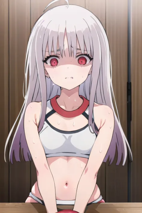 masterpiece, best quality, ultra-high-detailed, Disgusted face, white hair, red eyes, sigtuna julie , small breast, navel, ,Sweat, Warm body, hot body, A lot sweat , more sweat, hot temperature, locker gym ,gym bra, sweating, looking to viewer, deep eyes ,...