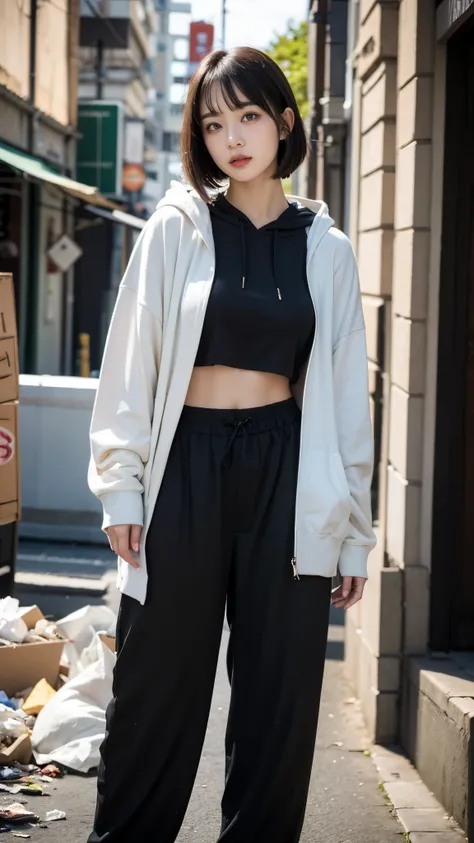 (((street dancer,Looking at this))),(((Perfect Fingers))),18-year-old,Korean women,Downtown trash dump,(((Facing forward))),(((Frowning,カメラをGlaring))),(Very fine eye), (((Wearing a black hoodie,Wearing baggy pants))),((photograph)),((Woman in downtown)),((...