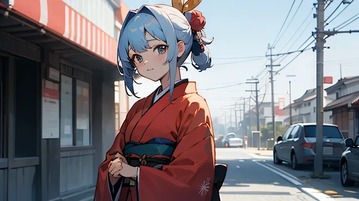 for anime,A beautiful woman wearing a Japanese kimono stands on the street,The hair on the head is white