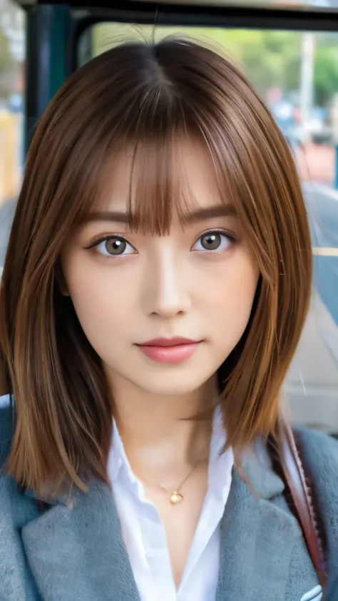 Best quality, 8k,  ,Masterpiece :1.3)), facing viewer,((full body1.2)) ,pretty woman, wide shot ,1girl, , selfie   , , Bus Stop,, brown hair  , bangs,ultra-detailed face, highly detailed lips, detailed eyes, double eyelid