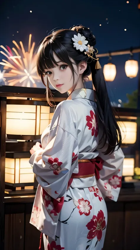 full body,looking back,♥(japanese beautiful flower printed kimono,yukata),((1girl,cute,young,semi long beautiful black hair,blun...