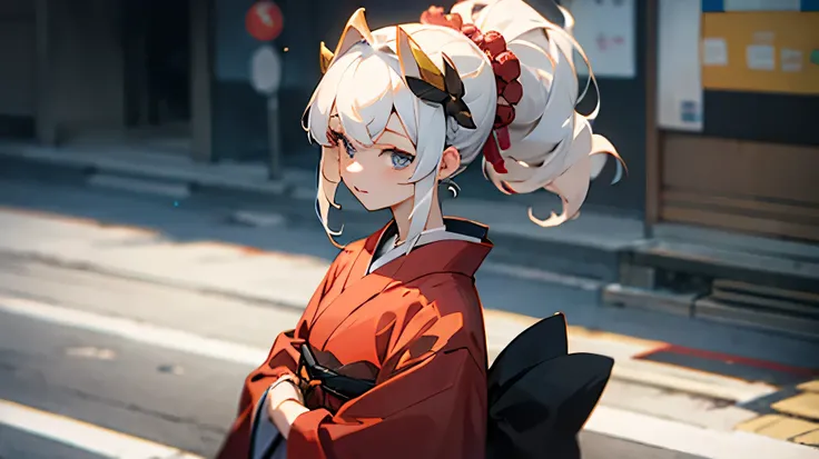 for anime,A beautiful woman wearing a Japanese kimono stands on the street,The hair on the head is white