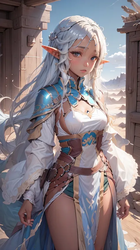 one woman。beautiful woman。silver long hair。brown skin。desert elf。desert people clothing。the background is blue sky and white clo...