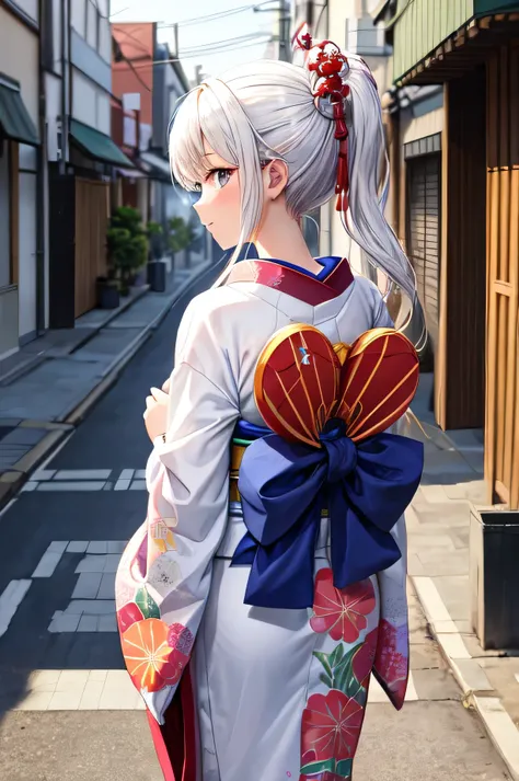 masterpiece, highest quality,  for anime,Back view,A beautiful woman wearing a Japanese kimono stands on the street,The hair on the head is white