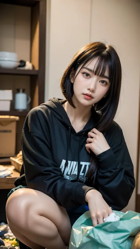 In a public toilet,18-year-old,Korean women,(((Dirty interior))),(((Facing forward))),(((Frowning,カメラをGlaring))),(Very fine eye), (((Wearing a black hoodie,Wearing baggy pants))),(((The collapsing interior))),(((Old indoor))),((photograph)),((Woman in a tr...
