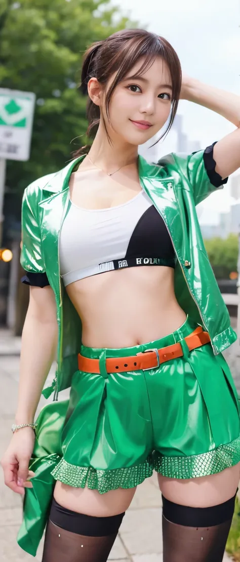 Romantic Idol Girl、whole body、Good style、、、、Shiny green shorts costume、Fantastic City、、Light Orange Ponytail、Fishnet tights、rider jacket、Great belt