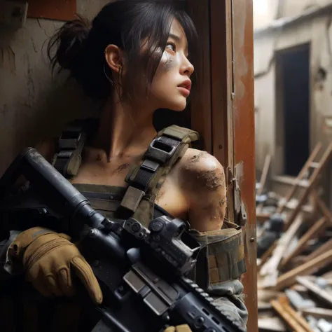 (highest quality,8k,Realistic photo:1.2),Very detailed,(Realistic,photoRealistic:1.37) Skin Texture,Beautiful Japanese woman in the US military,Carefully open the door through the rubble and enter the room.,Automatic rifle,Bulletproof vest,Backpack,Injured...