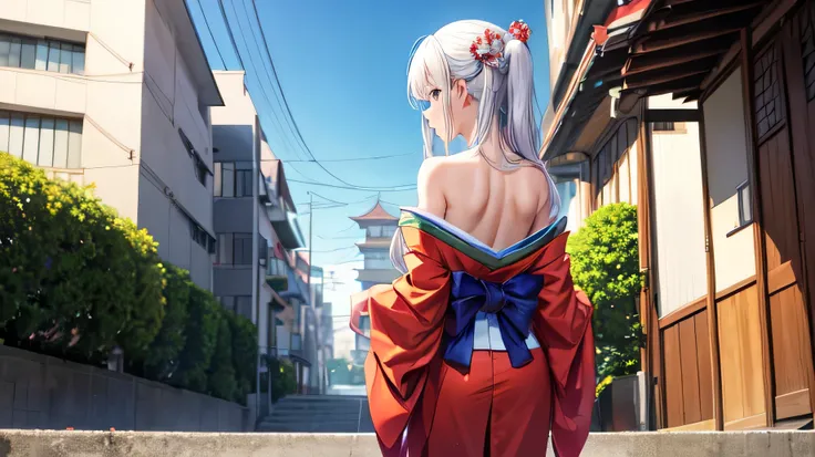 masterpiece, highest quality,  for anime,Back view,A beautiful woman wearing a Japanese kimono stands on the street,The hair on the head is white