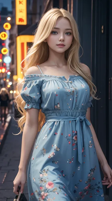 young blonde wThish blue eyes and waist-length wavy hair, She&#39;she&#39;s wearing a floral dress, She улыбается, she shows her teeth, This&#39;Square, night scene, better qualThisy, masterpiece, 8K, cinematic lighting, Work, award-winning, a woman wThish...