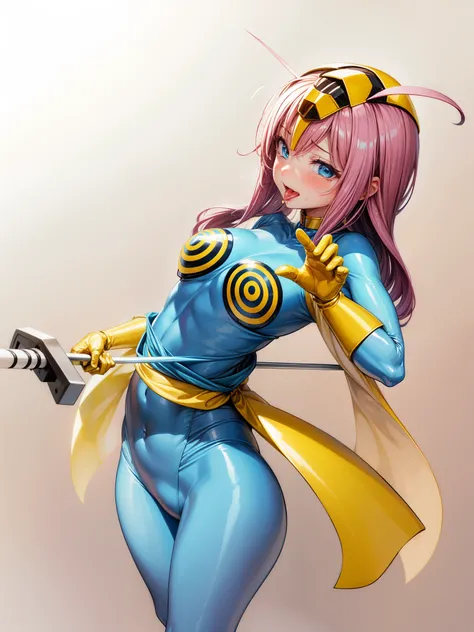 Close-up of a woman in blue and gold costume, Saiyan Girl, wonderful, nano girl, Female body type, Inspired by Hiromu Arakawa, Anime Manga Robot!! Anime Girls, Fubuki, Full Body Suit, by Hiromu Arakawa, , wonderful, silk, Beautiful and attractive anime tee...