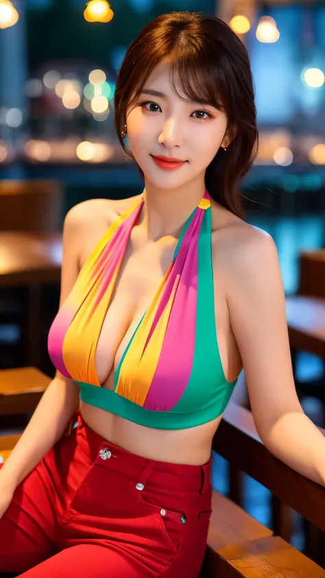 close-up of beautiful korean female, 34 inch breasts size, wearing colourful halter neck, pants, rest ones chin on one hand in riverside restaurant, night, bokeh background, UHD