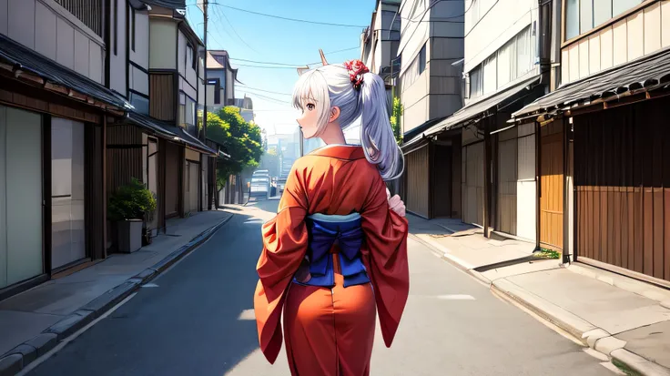 masterpiece, highest quality,  for anime,Back view,A beautiful woman wearing a Japanese kimono stands on the street,The hair on the head is white