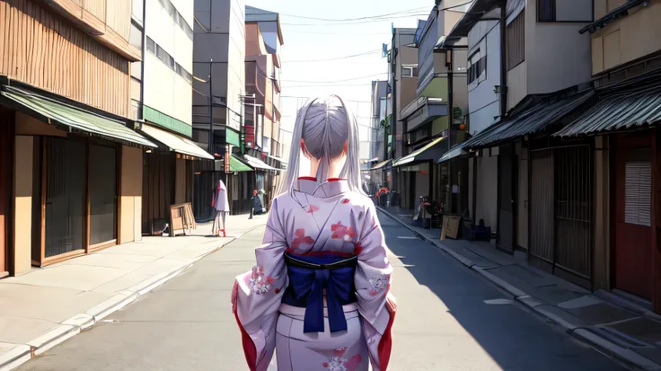 masterpiece, highest quality,  for anime,Back view,A beautiful white-haired woman wearing a Japanese kimono stands on the street