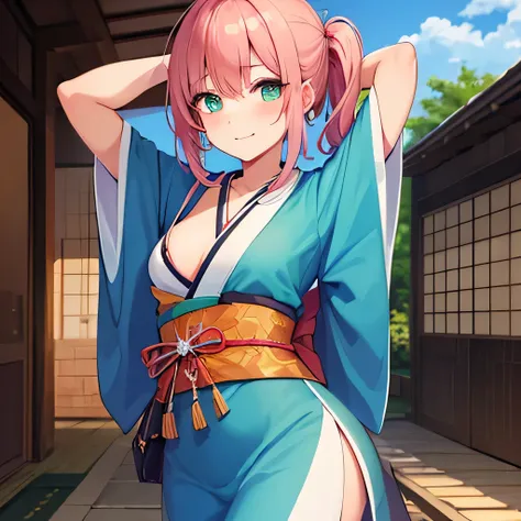 ultra-detailed, (highest quality, 8K, masterpiece, HDR, Ultra-detailed:1.2), porch of a Japanese house, [pink hair:silver hair:0.5], low ponytail, ahoge, Tied Hair, break, printed kimono, break, small breasts, arms behind head, Green Aqua Eyes, looking dow...