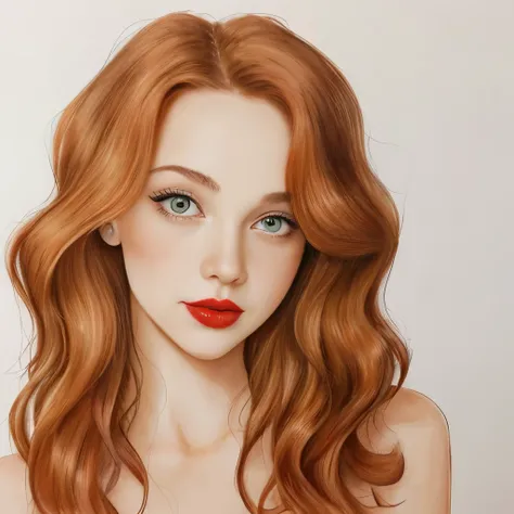 A watercolor and pencil drawing of an incredibly beautiful 25-year-old woman with wavy red hair, red lips, olhos cor de mel (honey-colored eyes), sexy, corpo magro em forma (slim and toned body). She is depicted in a solo setting, with her hair cascading d...