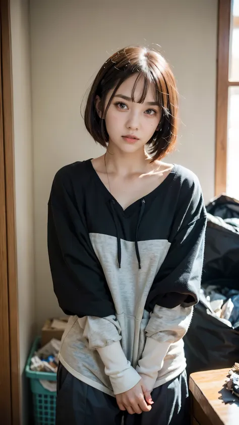 18-year-old,korean women,(((dirty interior))),(((facing forward))),(((frowning,カメラをglaring))),(very fine eye), (((wearing a blac...