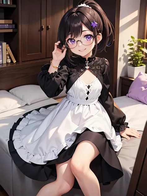 Purple eyes, black and white dress, long black sleeves, long white socks, smiling, short, short hair, brown hair, no chest, bracelet, ponytail, room, black glasses, flower hair clip