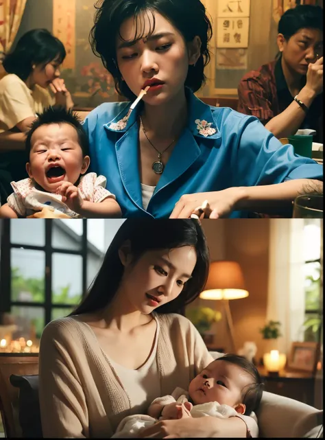 There are two photos，A woman holding a baby，A woman holding a baby, Playing mahjong，emotional masterpiece, Wong Kar Wai style, parody, Movie. Leng Jun, very realistic effect, son, Inspired by Li Tiefu, surreal style, very realistic film still, Inspired by ...