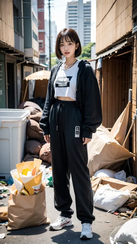 18-year-old,Korean women,(((Dirty neon city))),(((Facing forward))),(((Frowning,カメラをGlaring))),(Very fine eye), (((Wearing a black hoodie,Wearing baggy pants))),(((Collapsing Building))),(((old buildings))),((photograph)),((A woman near a garbage dump)),((...