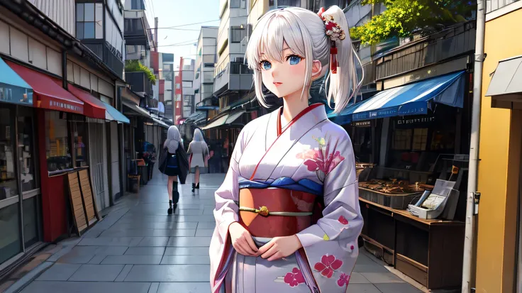  for anime,A beautiful white-haired woman wearing a kimono stands on the street