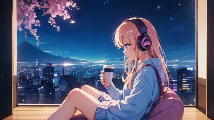 Images that match lofi music、Chill、80&#39;s、City Pop、Japanese anime、A girl is sitting by the window with a cup of coffee and listening to music on pink headphones、The room is stylish、It&#39;s night outside、Tokyo night view