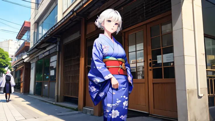  for anime,A beautiful white-haired woman wearing a kimono stands on the street