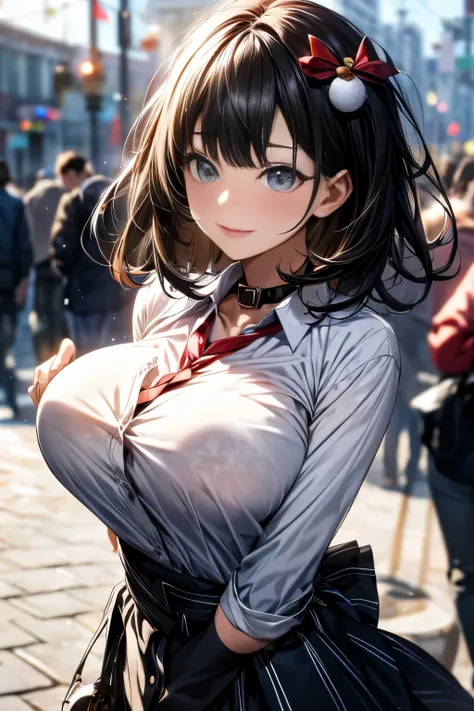 Emma Stone, black_hair, Blurred, Blurred_background, Blurred_prospect, Bokeh, chest, Brown_eye, button_gap, buttons, Christmas_wood, chestof谷間, With collar_shirt_前button留まっていない, Cosplay_photograph, depth_of_Field, big_chest, lips,breasts part widely open, ...