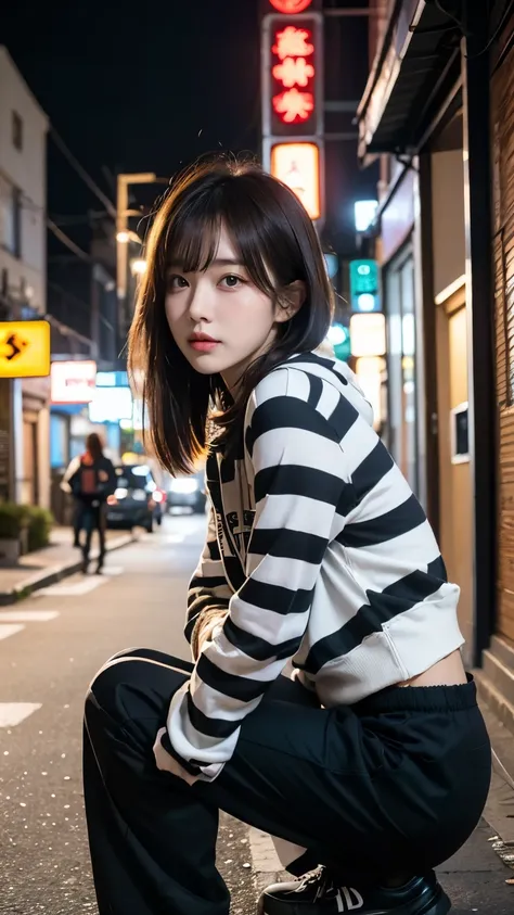 18-year-old,korean women,crouching down and looking at me,(((dirty neon street at night))),(((facing forward))),(((frowning,カメラを...