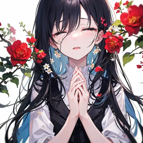 ((highest quality)), ((masterpiece)), (detailed), Perfect Face、anime、Flowers all around、Are crying、Face forward、Covering both eyes with hands、Crying loudly、White background、Black Hair、Make people smaller