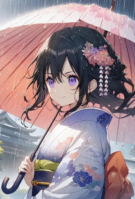 ((1girl)), ((cute)), ((serious)), ((looks at the sky)), carries an umbrella, long black hair, ((hair accessories)), ((kimono)), ((rain)), Wet clothes, violet eyes, ((smile)), ((happy)), natural details, masterpiece, stunning 4k view, anime illustration, ((...