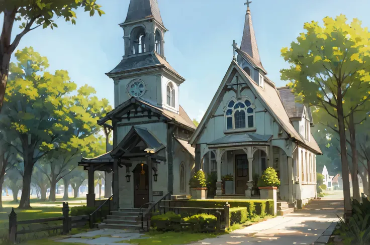 (best quality,ultra-detailed),outdoor chapel,old and historic,church between buildings,architectural beauty,serene atmosphere,sunlit,peaceful and calm,traditional craftsmanship,ornate details,quiet neighborhood,quiet gateway to spiritual refuge,harmony bet...