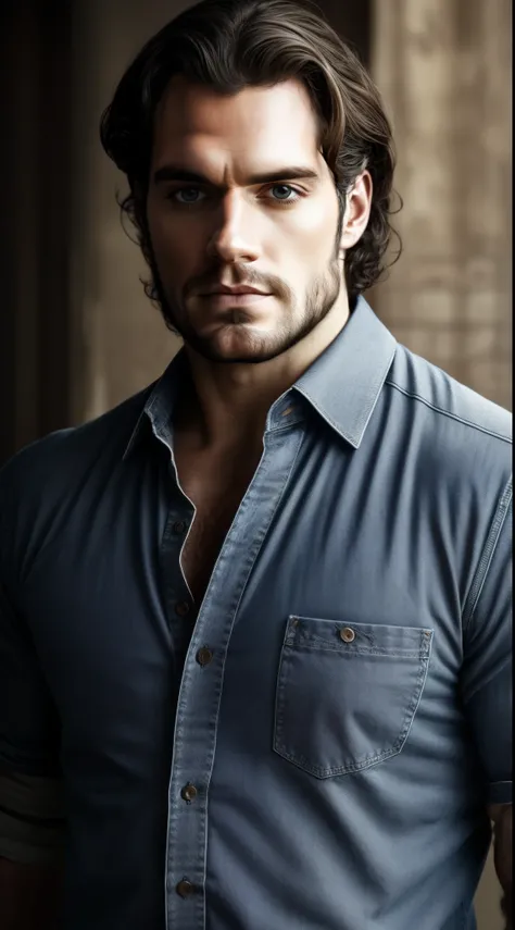 Handsome man, face identical to Henry Cavill, short black hair focus on the details of the face, tangled light brown hair, similar to Henry Cavill, wearing a blue dress shirt and jeans, realistic image, dark black image whiteground, best quality, 8k, focus...