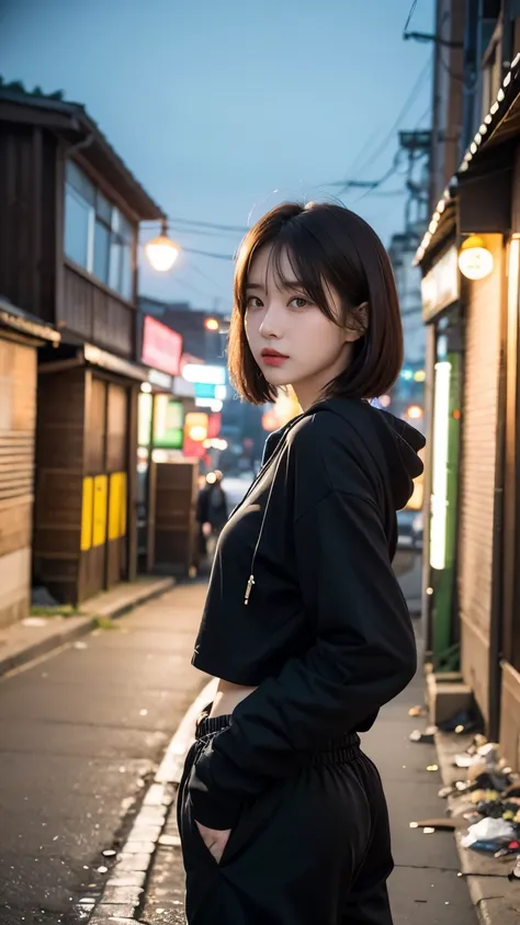 18-year-old,Korean women,Dancer on the road,(((Dirty neon street at night))),(((Facing forward))),(((Frowning,カメラをGlaring))),(Very fine eye), (((Wearing a long black hoodie,Wearing baggy pants))),(((Collapsing Building))),(((old buildings))),((photograph))...