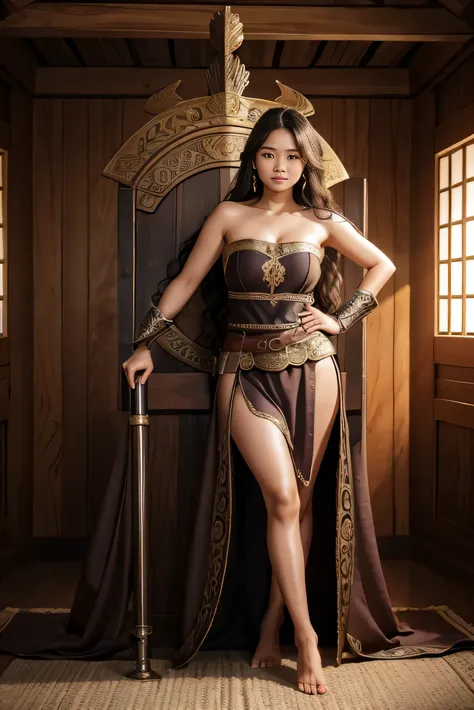 detailed face of full body photo. 25 year old Indonesian girl with a sweet  face,  big  round face and long brown wavy hair,  wearing a strapless sleeveless viking knight outfit complete with a long robe with a sexy pose on a viking ship



 