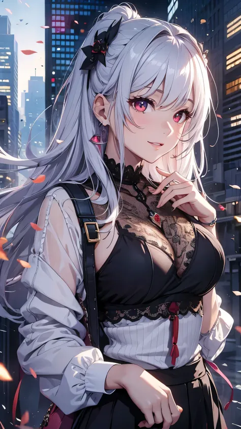 最high quality、Best image quality、masterpiece、girl((18-year-old、 By becoming、Best Bust、Medium Bust,Wide open breast tea、red glowing eyes,Silver Hair、Disheveled Hair、Long Hair、thin,The highest valley、Open chest、White wristband、smile、hair ornamentany accessor...