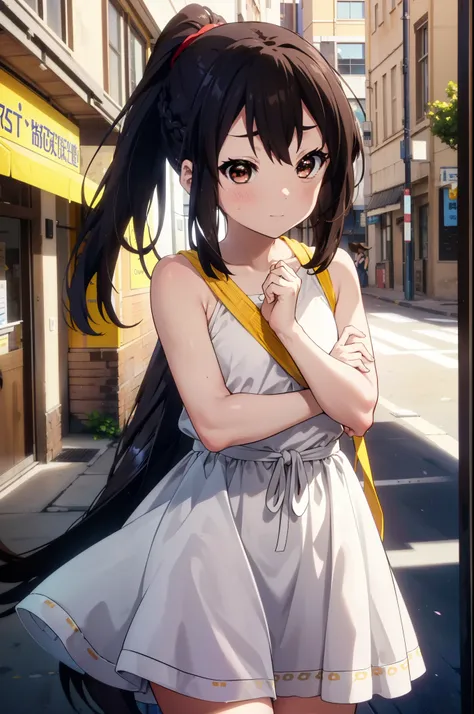 azusanakano, Azusa Nakano, Black Hair, (Brown eyes:1.5), Long Hair, smile,blush,ponytail,Short braided hair,yellow headband ,Long skirt integrated dress,Bare neck,bare clavicle,Bare shoulders,Cute Sandals,Daytime,Clear skies、
break indoors, In town,Buildin...