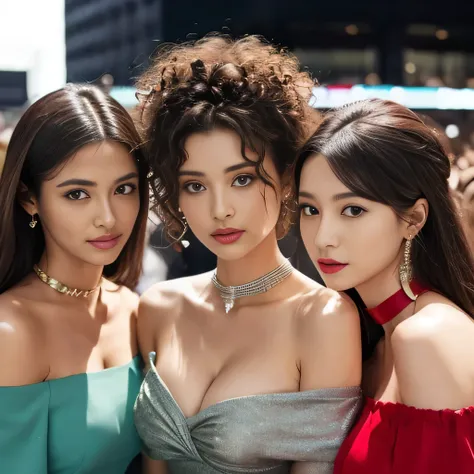 off-shoulder dress, 3 womans, deep cleavage,  crowd, wild hair, restrained, steel collar