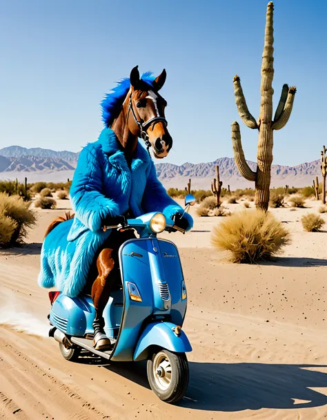 a horse riding a scooter in desert. the horse is on the scooter. The horse wearing blue furry coat.