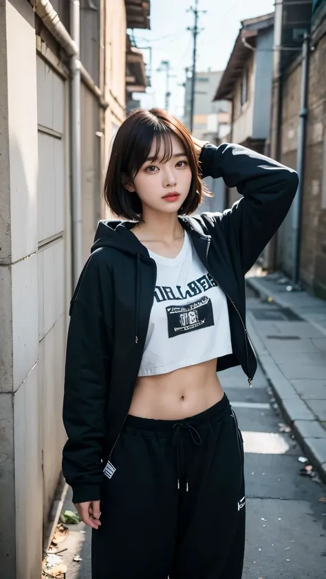 18-year-old,Korean women,((((Back alley wall,Standing in front of a wall)))),(((Dirty neon street at night))),(((Facing forward))),(((Frowning,カメラをGlaring))),(Very fine eye),((I cant see my stomach)), (((Wearing a long black hoodie,Wearing baggy pants))),(...