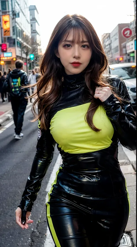 (yellow cyber punk speed tactical suit:1) (1 Female) Dark Theme :: Focus on close-up face, serious face, Civetik visor, :: Medium Black Hair, Thick thighs :: ultra realistic futuristic speedster scifi cyber punk athletic woman, Iris, ((Run down the middle ...