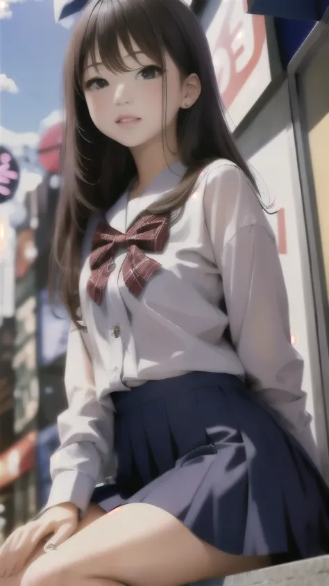 Girl in unusual fashion, miniskirt, 20 years old, Shibuya, Harajuku, blurred background, sitting with knees bent, from the front, from below